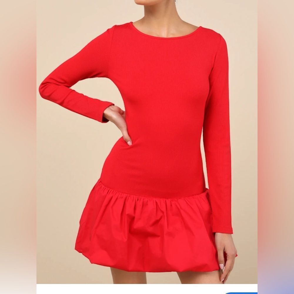 Lulus Red Long Sleeve Dress Boat Neck Mini Dress size L
